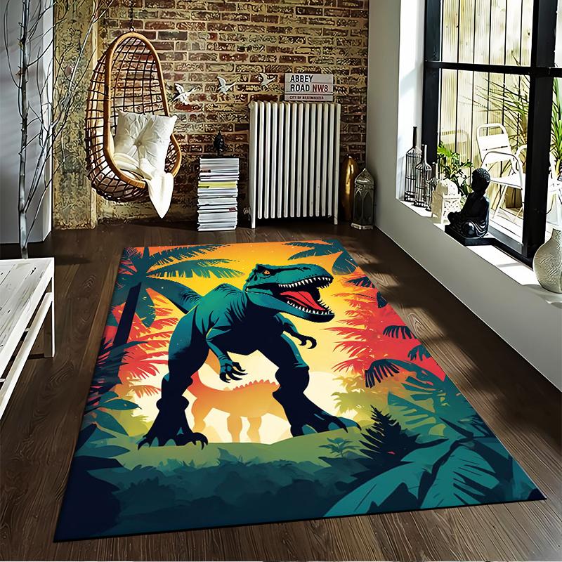 Dinosaur Jungle Rug with T-Rex Graphic and Tropical Sunset Design Suitable for use as an anti-slip for living room bedroom sofas