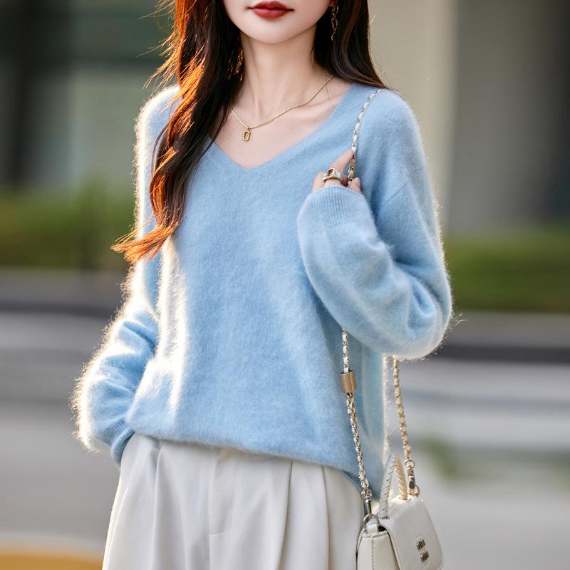 Autumn & Winter 100% Pure Wool V-Neck Loose Women's Knitted Sweater