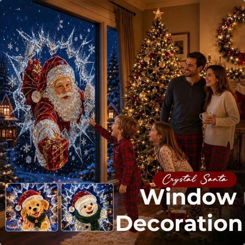 Removable Crystal Christmas Window Stickers Adorable Santa Snowman Puppy Design for Xmas Party Home Decor
