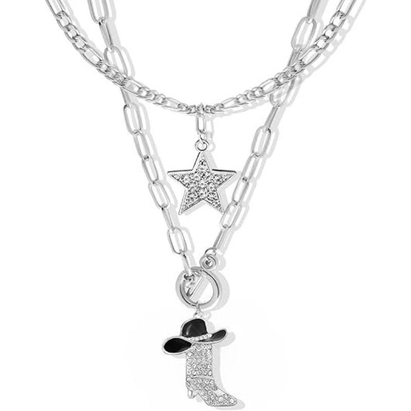 Simple Western Cowboy Hat Necklace - Unique Retro Trendy Denim Boot Pendant - Versatile Collar Chain