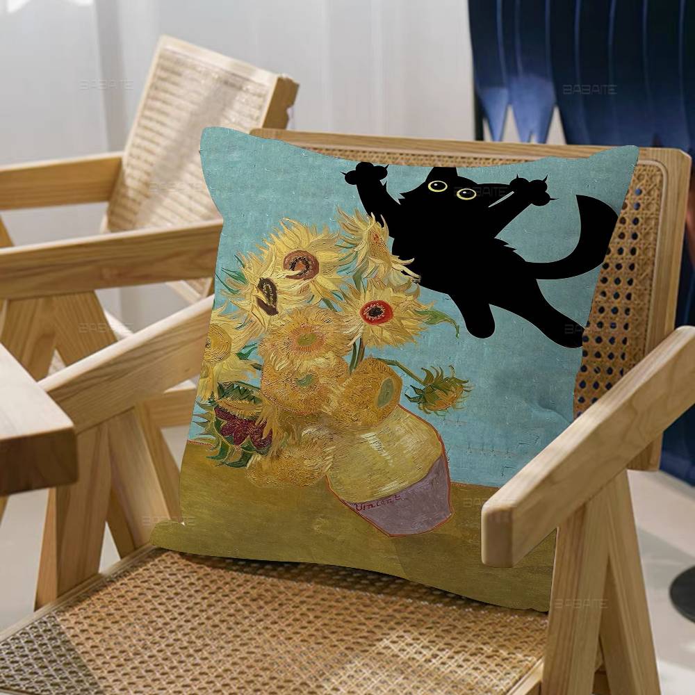 Svart Katt Van Gogh Kuddfodral Tecknad Gåva Kuddfodral Sovrum Hem Soffa Stol Säte Dekor Kuddfodral