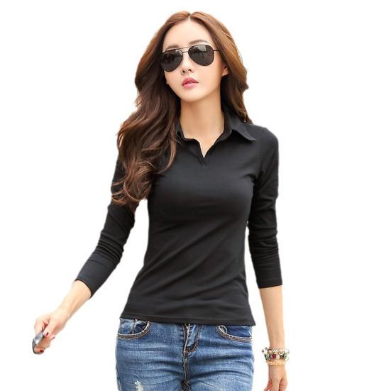 

Women Tops Lapel Long Sleeve Slim Fit Pure Color Pullover Tops Soft Stretchy 3XL