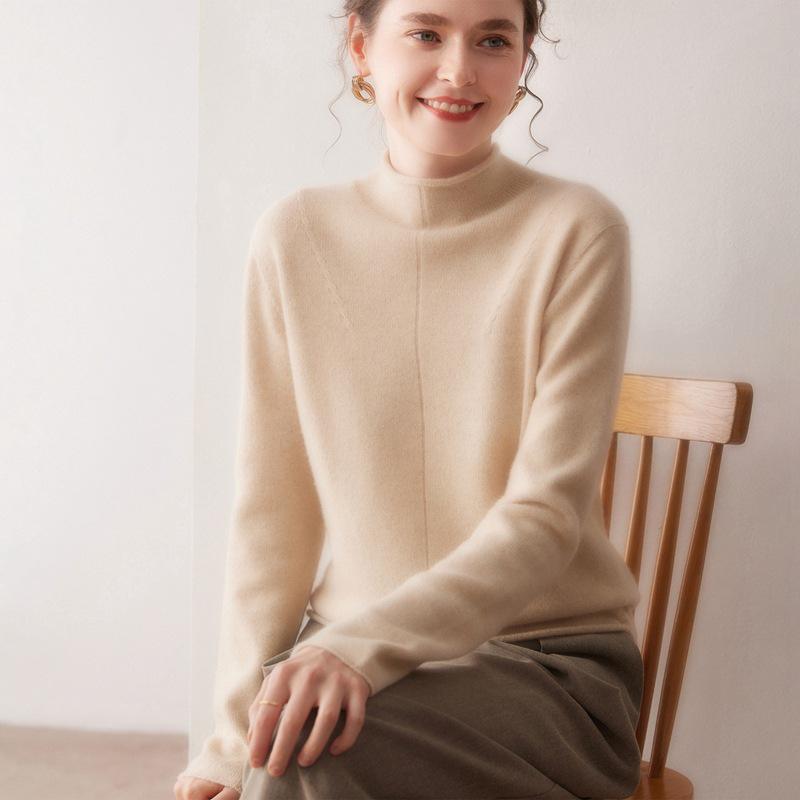 Women's 100% Pure Cashmere Semi-High Neck Sweater: Autumn/Winter 2026 Loose Knit Base Layer with Rolled Hem