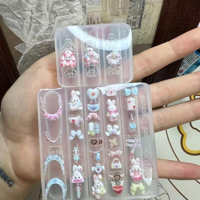 Cartoon Cute Lace Bow Rabbit Silicone Nail Molds Transparent Carving Nail Template Manicure Design Tool Diy Nail Art Decoration