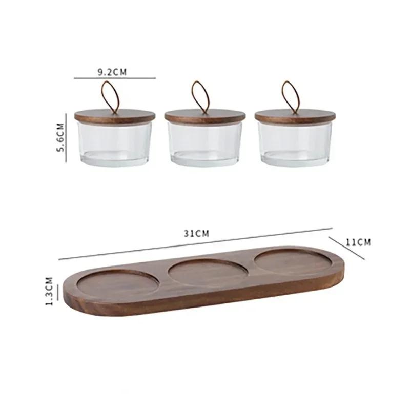 Glass Storage Bottle with Wooden Lid Japanese Dried Fruit Plate Nut Walnut Snack Storage Bottle Wooden Tray Household Snack Tray