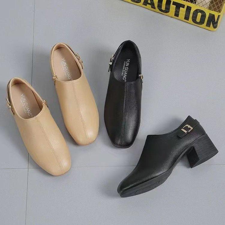 2025 new thick heel deep mouth single shoes women's autumn British style medium heel soft leather shoes square head high heel soft leather women's sho