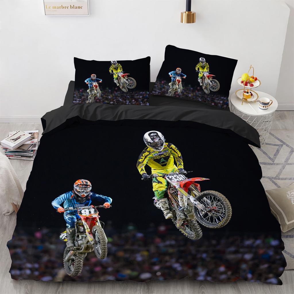 Motocross Gaming Bedding Set,Cross-Country Motorcycle Duvet Cover King Size For Teen Boys, Motorcycle Racing Car Comforter Cove