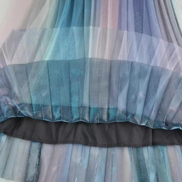 Rainbow Gradient Pleated A-Line Midi Skirt - High Waist, Fairy-Style for Spring & Autumn
