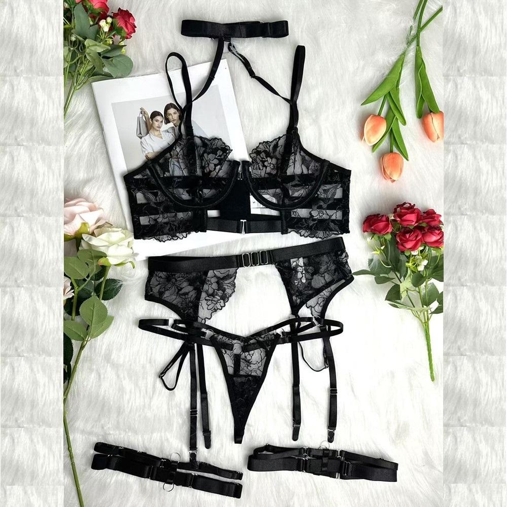 Sexy Skeletonized Erotic Lingerie Set Bandage Neck Ring Bra Lingerie Lace Underwear Thong Low Waist G-String Erotic Set