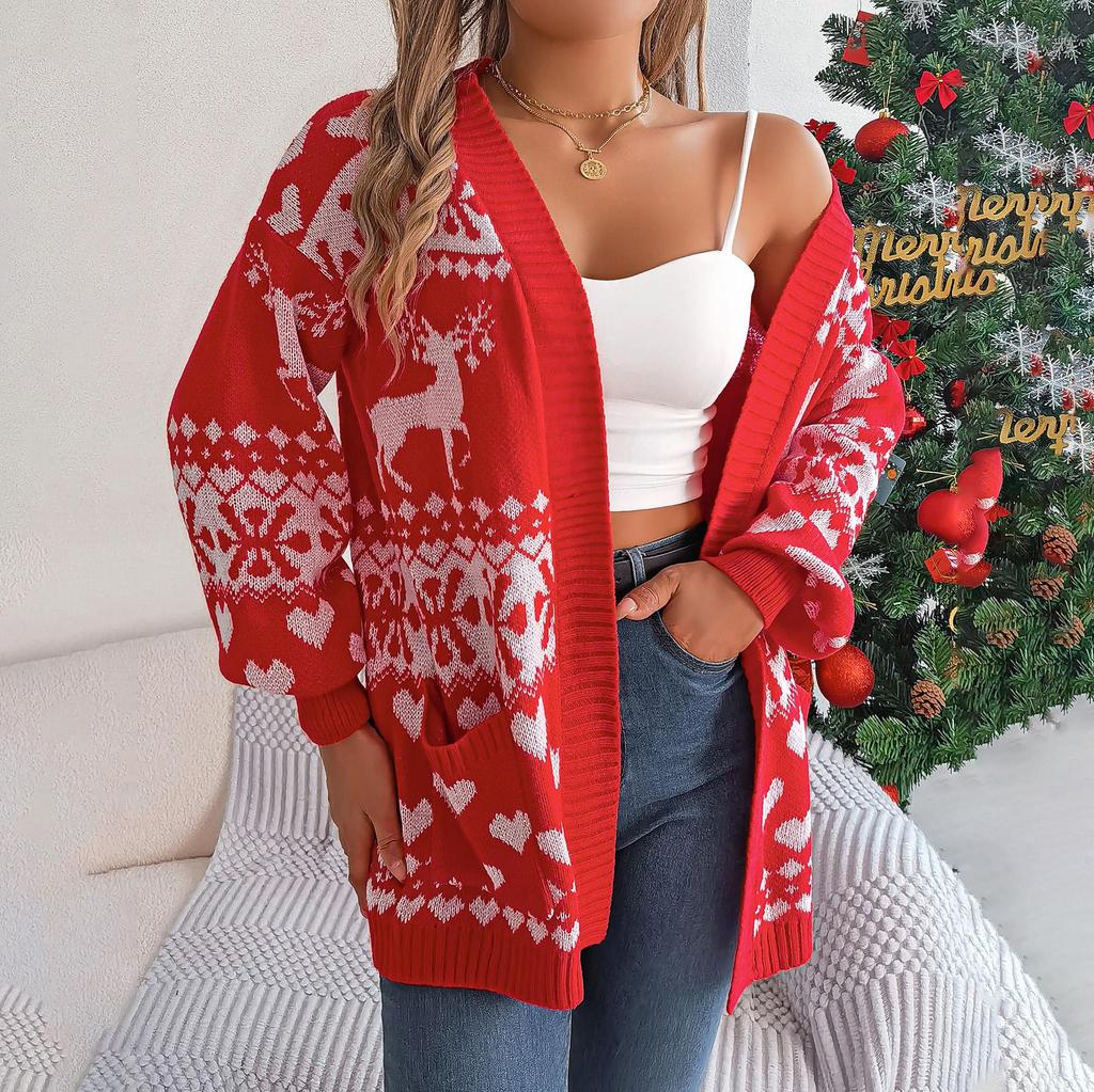 Høst Vinter Vintage Løs Langermet Topp Trykk Cardigan Strikkeplagg V-hals Julegenser