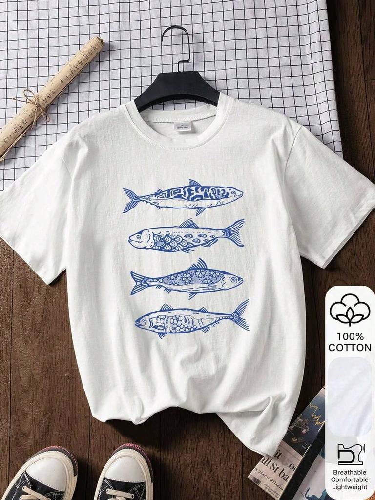T-shirt Larga Estiva da Donna, Stampa Pesce, 100% Cotone Bianca Manica Corta Grafica Manica Corta, Vestiti per il Ritorno a Scuola, Idee Outfit Scolastico, Ritorno a Scuola