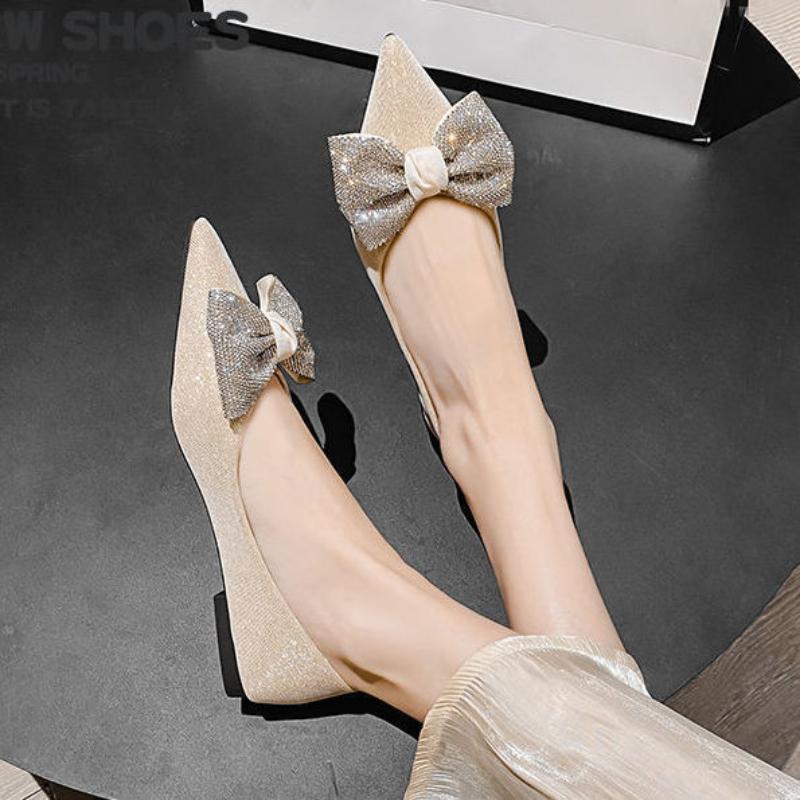 Rhinestone Pointed Toe Shoes for Women Black Slip-on With Bow Woman Flats Y2k 2025 Summer Elegant Dress Shoe Discount Wholesale