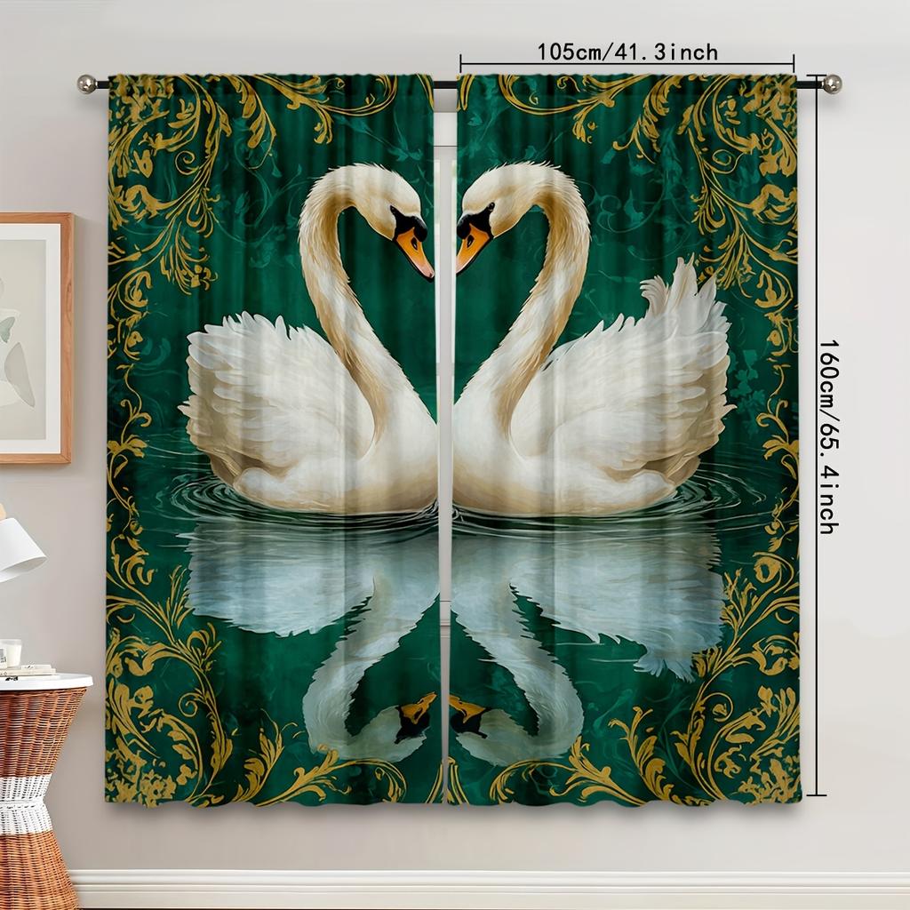 Set Of 2 Swan Design Curtains Serene Water Scene Golden Accents Breathable Polyester Fabric Perfect Living Room Elegant Made Great Window Treatment