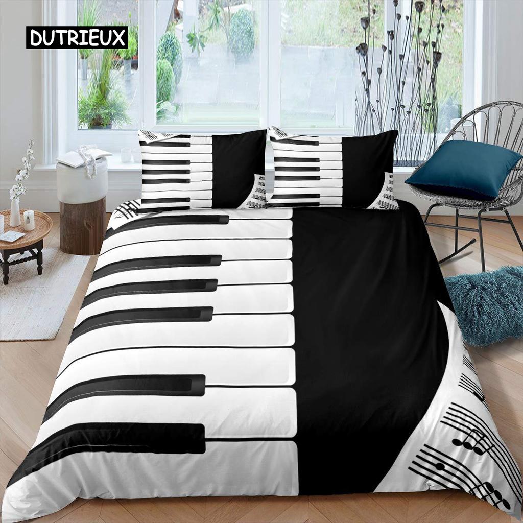 Piano Pattern Duvet Cover Microfiber Classic Music Themed 2/3Pcs Bedding Set Musical Pattern Geometric Stripe King Quilt Cover