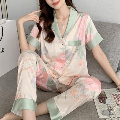 Casual Short-Sleeved Trousers Pajamas Women'S Summer Palace Style Thin Imitation Silk Loungewear