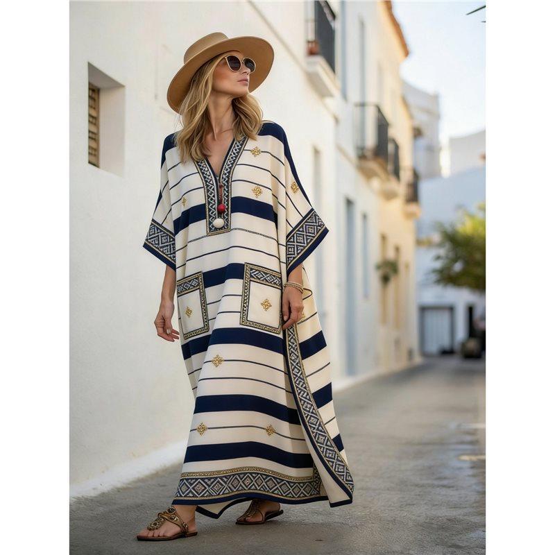 European, American Y Bohemian fashion women's clothing casual vacation D printed beach Kaftan cardigan long dress