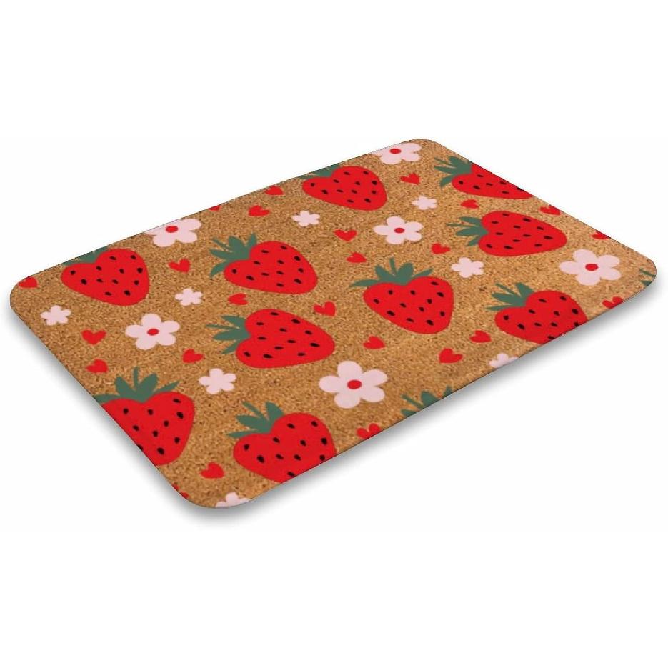 Strawberry Hearts Doormat, Floral Spring Summer Welcome Mat, Indoor Front Back Door Mat, Coral Velvet Rug 16"x24"