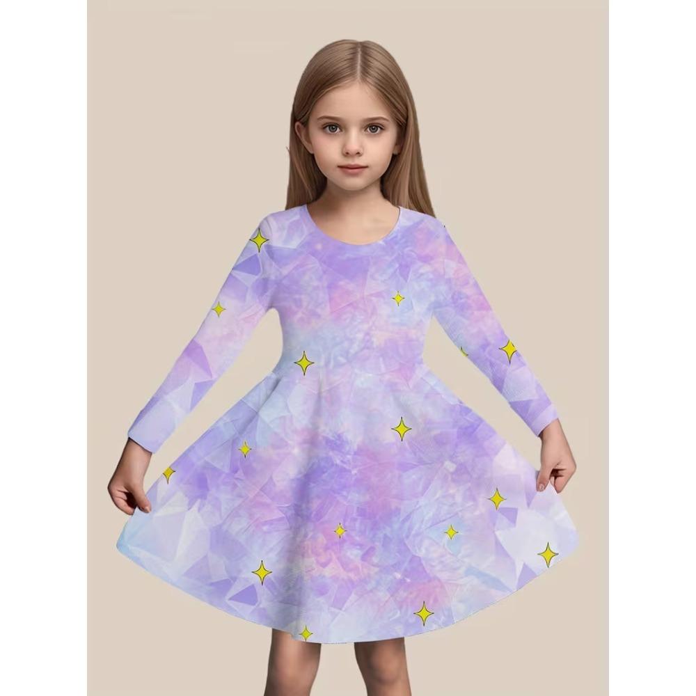 Girls' 3D Purple Galaxy Dress Long Sleeve Summer Spring Vacation Daily Holiday Princess Beautiful Sweet Kids 4-12 Years Casual Dress A Line Dress