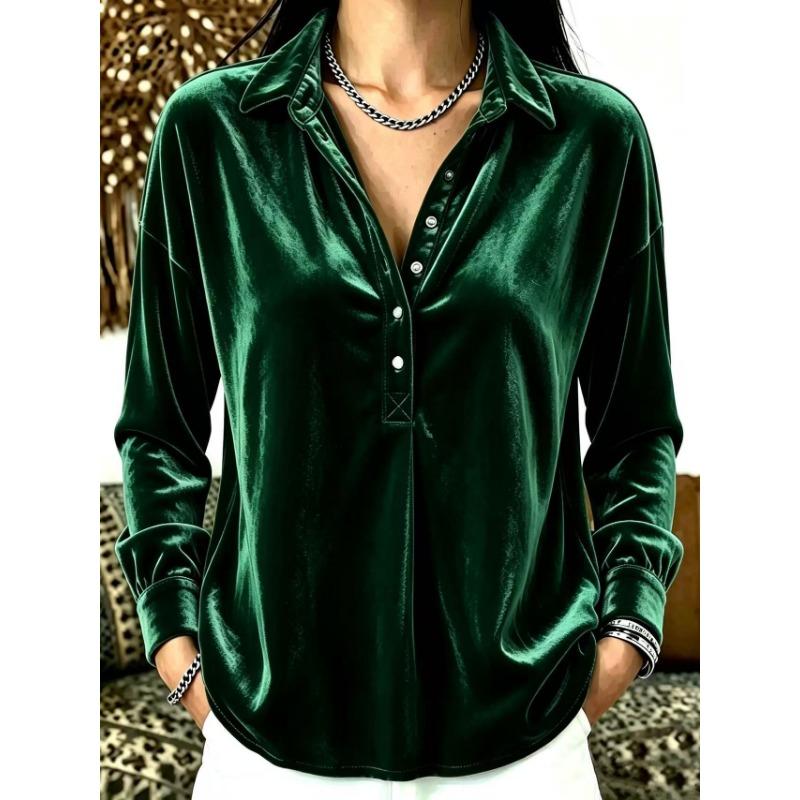 Women S Casual Velvet Solid Lapel Half Button Shirt