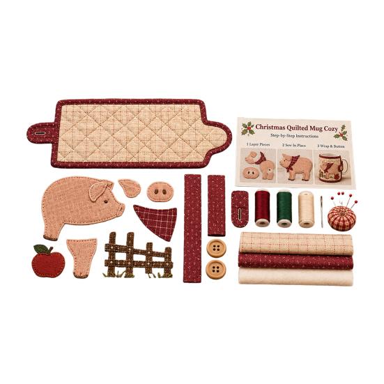 Beginner Sewing Project Farmhouse Friends Mug Cozy Kit, DIY Animal Cup Sleeve Craft, Handmade Christmas Kit with Festive Patterns, Quilting