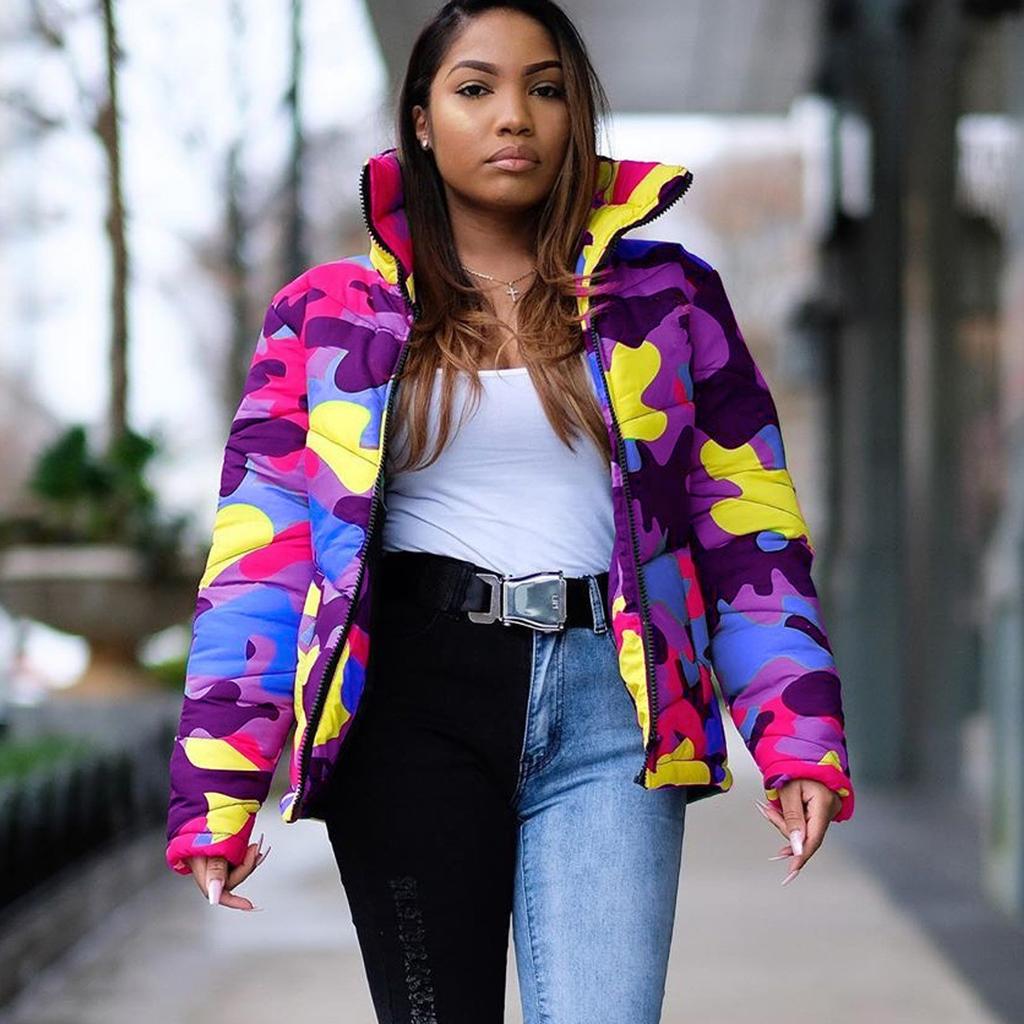 Unisex Long Sleeve Glossy Camouflage Bread Down Jacket Zipper Pockets Coat