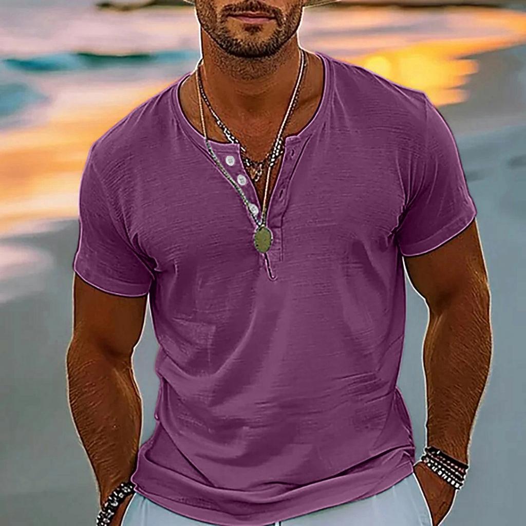 Vintage Summer Men's T-Shirt Streetwear 3 Buttons Open Fly Loose Clothing Print Short Sleeve T-Shirt