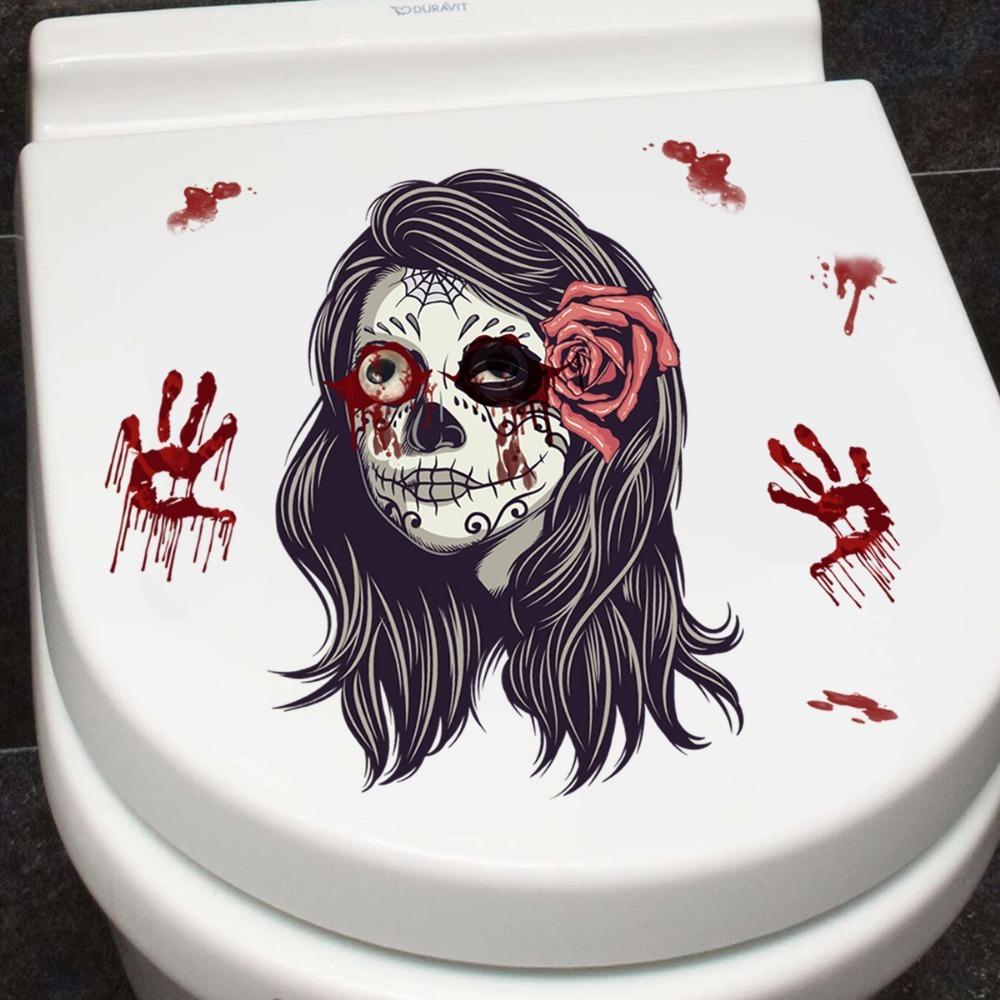 Autocollants pour abattant de WC Halloween, autocollants de tête de mort florale - Autocollants pour couvercle de toilette d'Halloween, décalcomanies murales de salle de bain de crâne, autocollants de