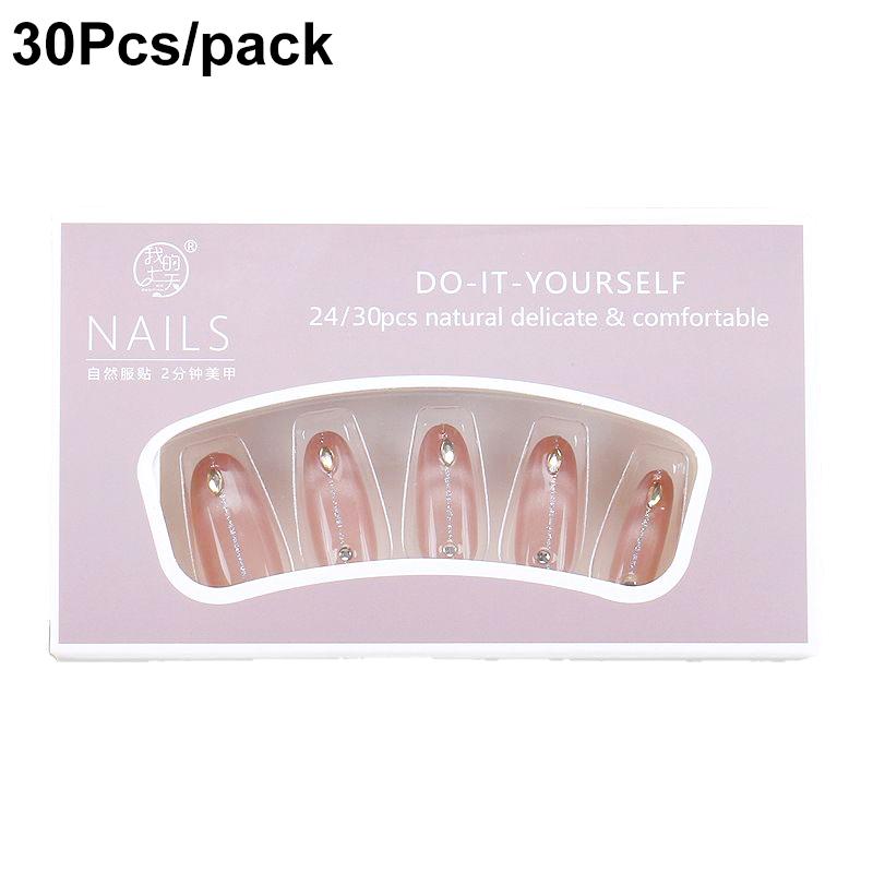 30Pcs Full Cover Removable Sparkling Rhinestone Reusable False Nails Elegant French Style Press On Nails Nail Art