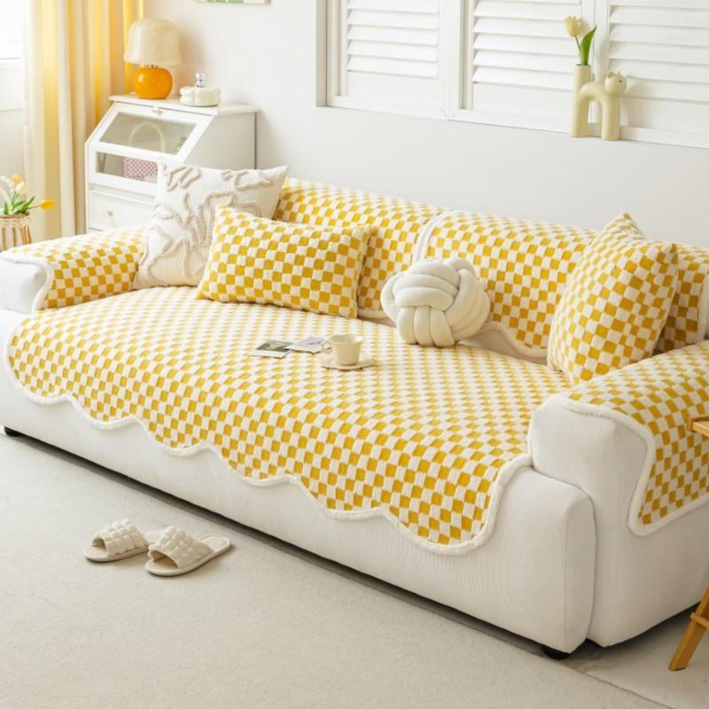 Plush Thicken Fringed Loveseat Pad Sitting Mat Minimal Balcony Mattress Special shaped Tatami Couch Protector Gentle Plaid Pattern Domestic Styling