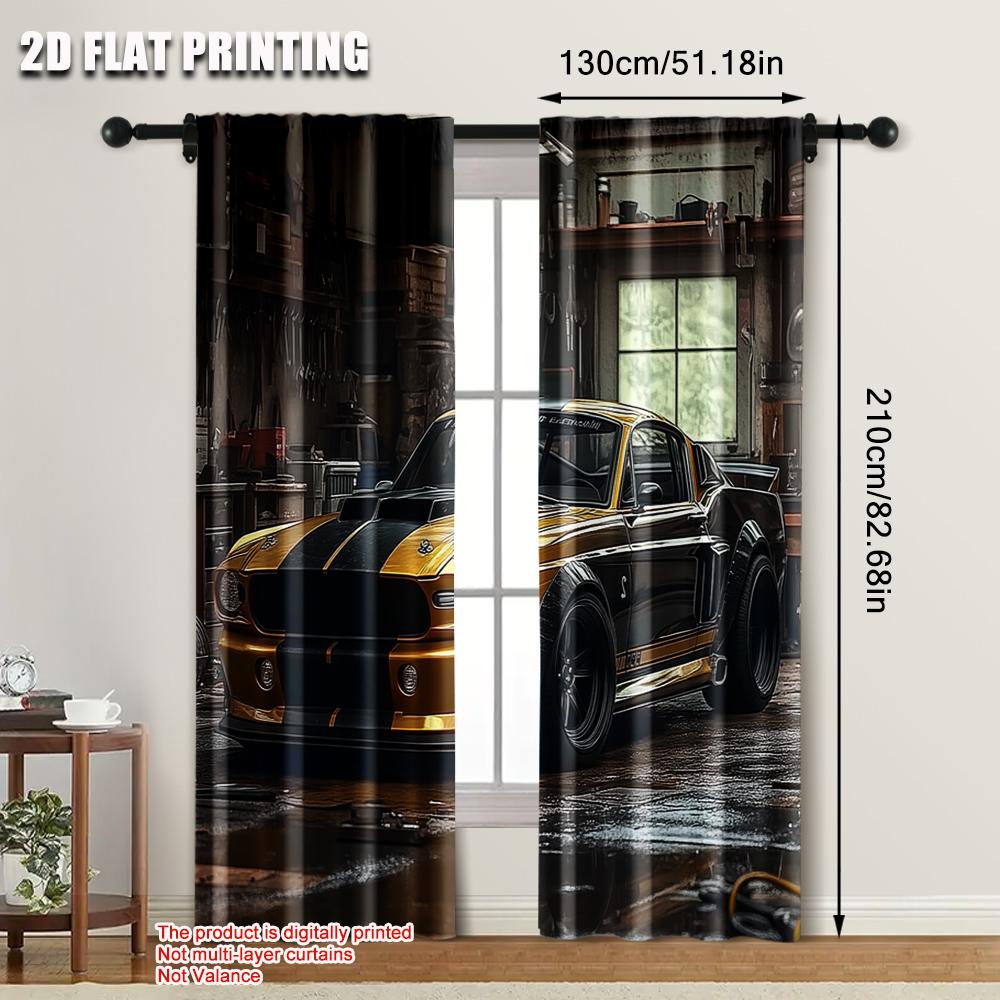 2pcs   Light Filtering Curtains  Print Complex Ancient Super Car Garage Machine Washable (without Rod) Decorations Outdoor