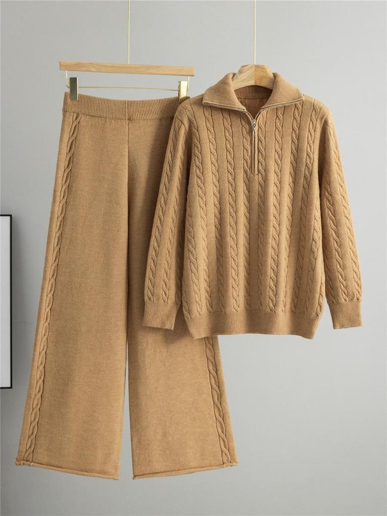Women's Versatile Autumn/Winter Half-Zip Knit Top and Wide-Leg Pants Set