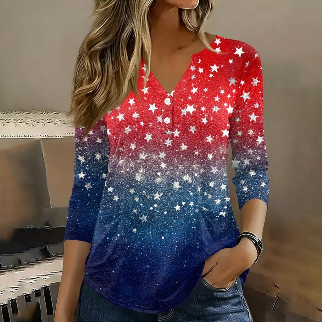 Women 3/4 Sleeve V Neck Henley Pullover Shirt American Flag Print Casual Fashion Top