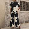 2025 Summer Independent Station TEMU Hot Sale Women's Casual Print Two-Piece Set Bat-Sleeve V-Neck Top + Long Pants