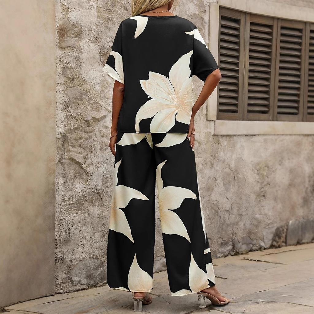 2025 Summer Independent Station TEMU Hot Sale Women's Casual Print Two-Piece Set Bat-Sleeve V-Neck Top + Long Pants