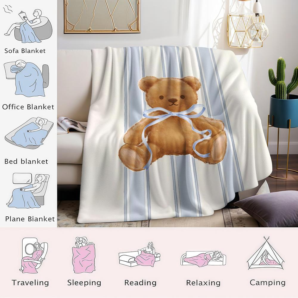 Blue Stripe Teddy Flannel Blanket Warm Soft Halloween Christmas Couch Warm Cozy Decorative Decor Gift for All Season