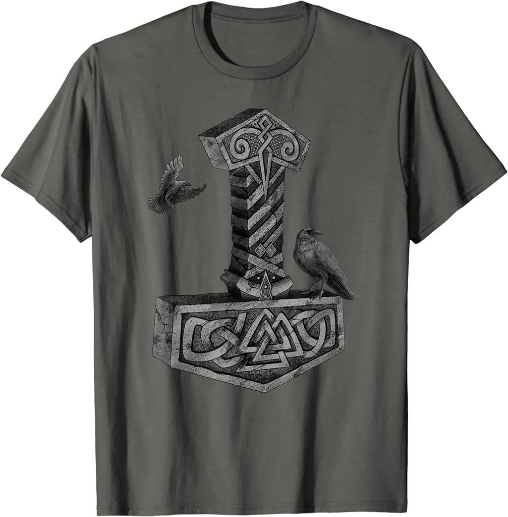 Norse Mythology Mjolnir Thor Hammer Odins Raven TShirt 100 Cotton ONeck Summer Short Sleeve Casual Mens Tshirt Size S3XL