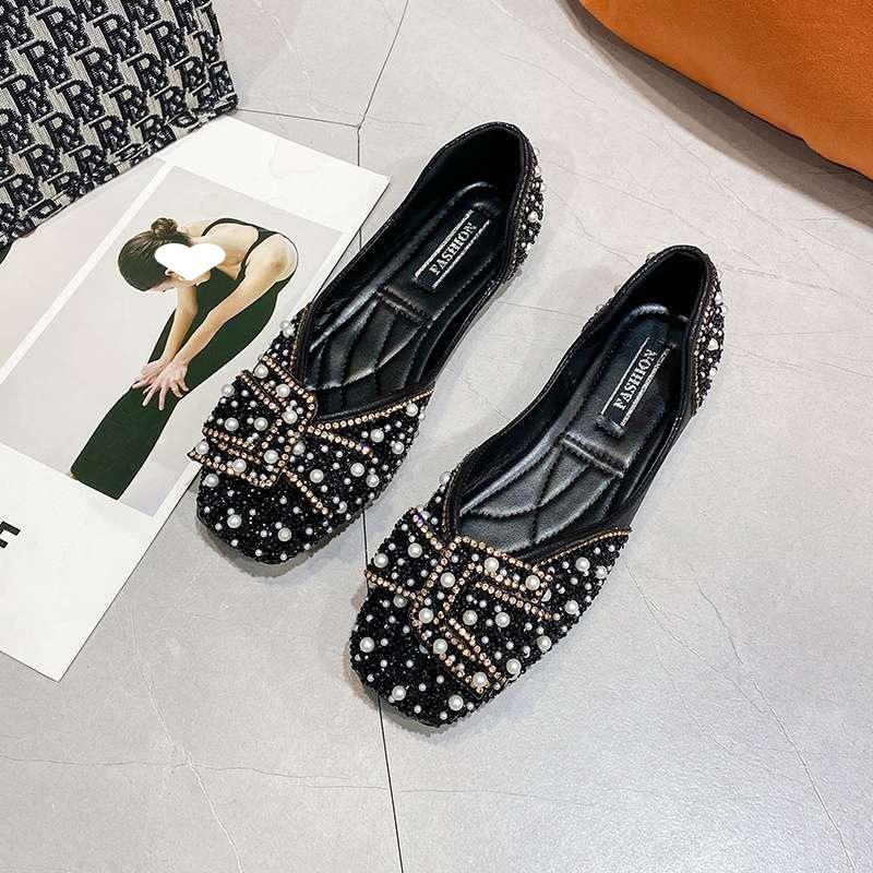 Flat single shoes women's 2025 summer ladyshoes new bow diamond beanie shoes small fragrant wind ladyshoes women's grandma shoes