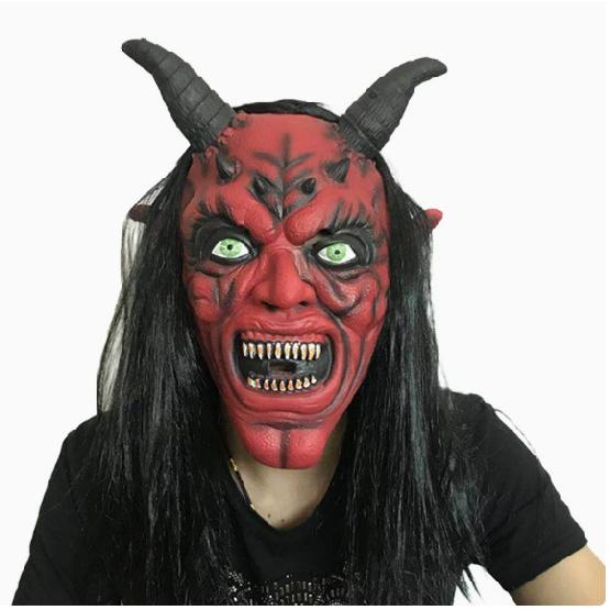 Halloween Devil Mask, Vampire Long-Haired Full-Head Mask, Adult Horror Mask, Red-Faced Horned Mask
