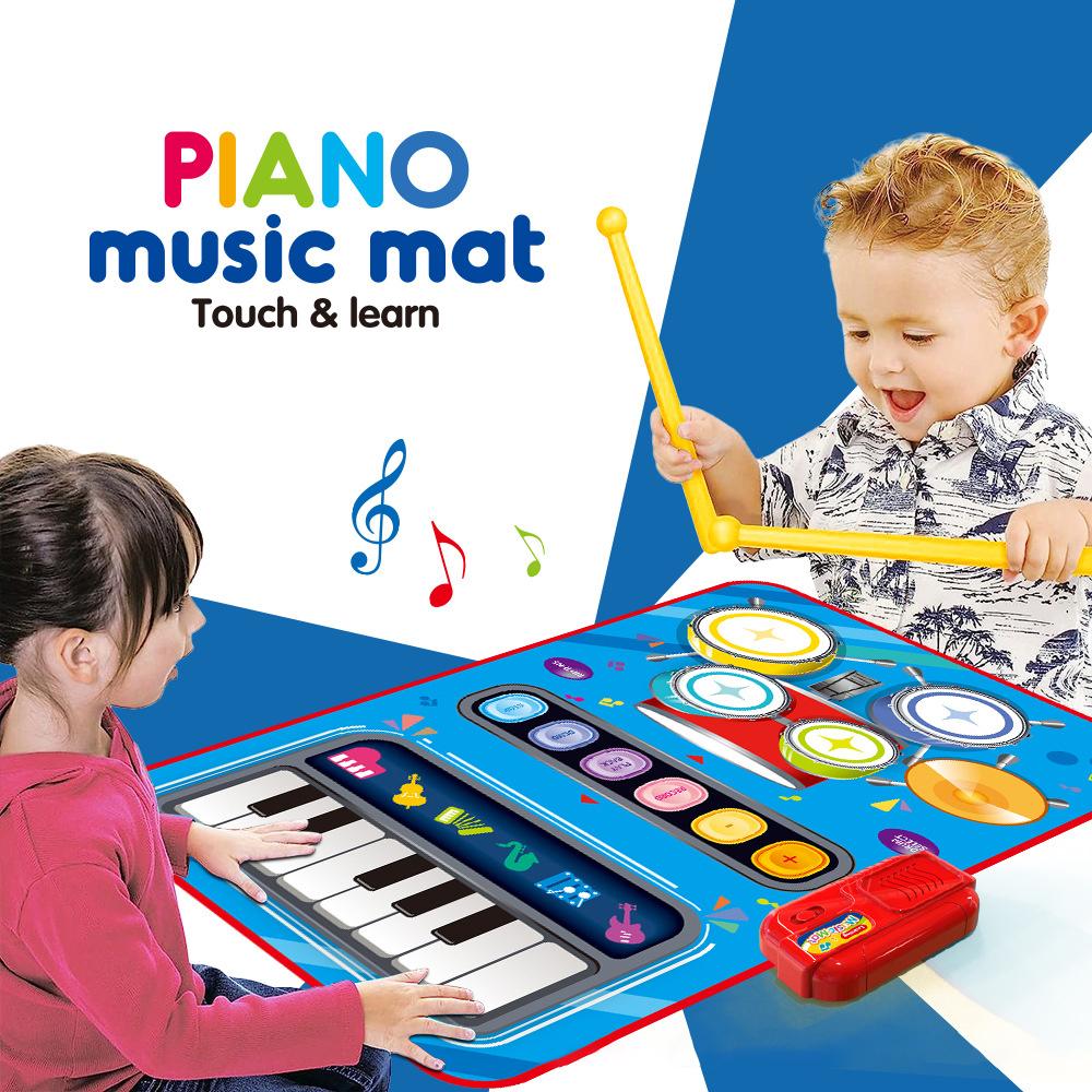 2 IN 1 Kids Drum Piano Mat Floor Keyboard Dance Mat Play Musical Carpet Music Instrument Toy for Toddlers Girls Boys Xmas Gifts
