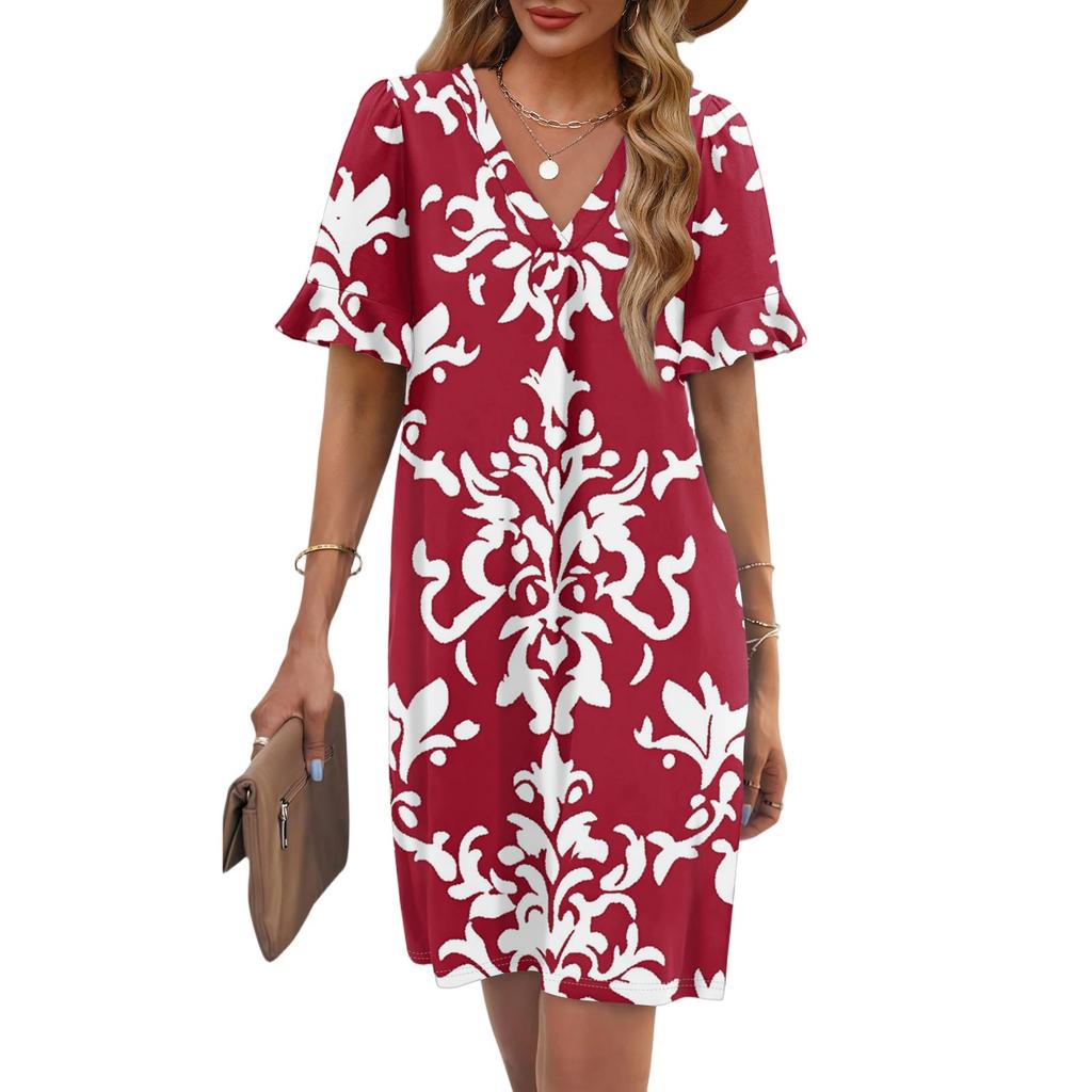 Women's Summer Floral Print Dress Pleated Short Sleeve V-Neck Pocket Casual Dress