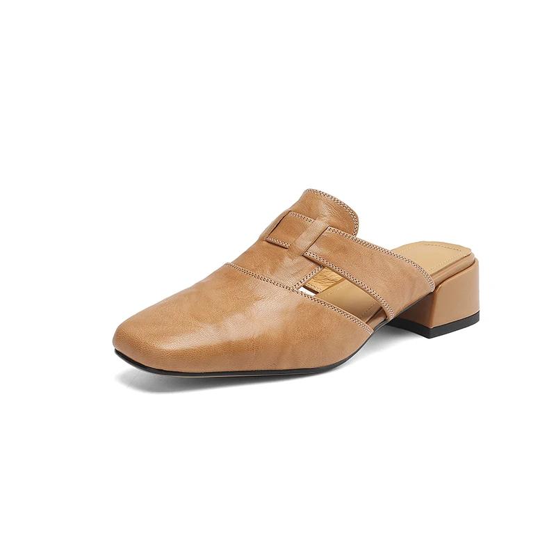 

Мода 2025 Летние женские мюли из натуральной кожи, женская обувь с закрытым носком, на толстом среднем каблуке, шлепанцы, лаконичные современные шлепанцы-сандалии 34