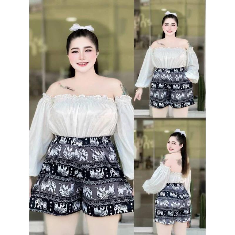 Elephant Wide Legs Shorts Pants Plus Size Adjustable Elastic High Waistband Women Print Thailand Casual Streetwear Beach Bohemian Retro Vintage