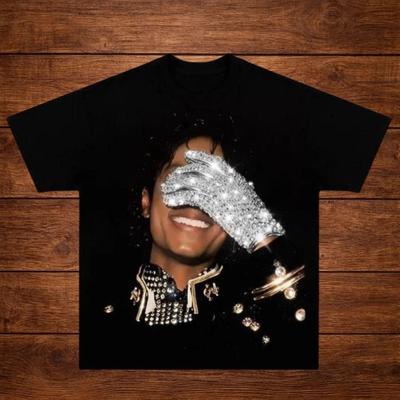 Michael Jackson T-shirt Koning van de Pop Paillettenhandschoen Grafische Tee Heren Zwart Katoen