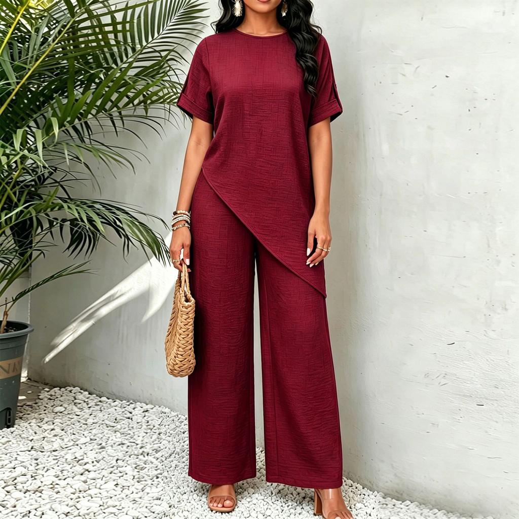 Women Loose Fit Round Neck Irregular Hem Mid Length Top Wide Leg Pants Casual Two Piece Set