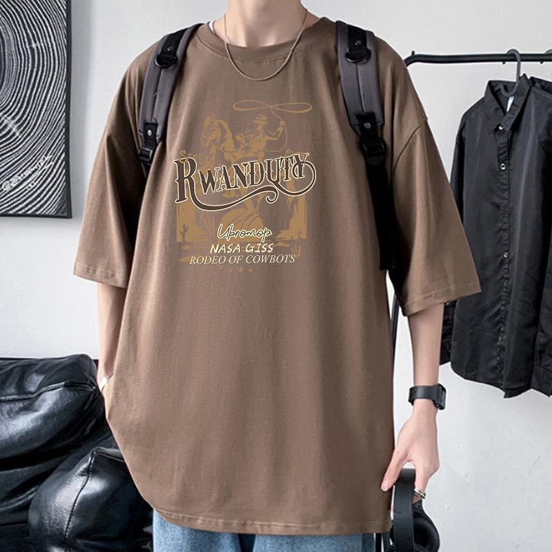 Cowboy Pattern Men's 100% Cotton T-Shirt Drop Shoulder Oversized Tee Hip Hop Style