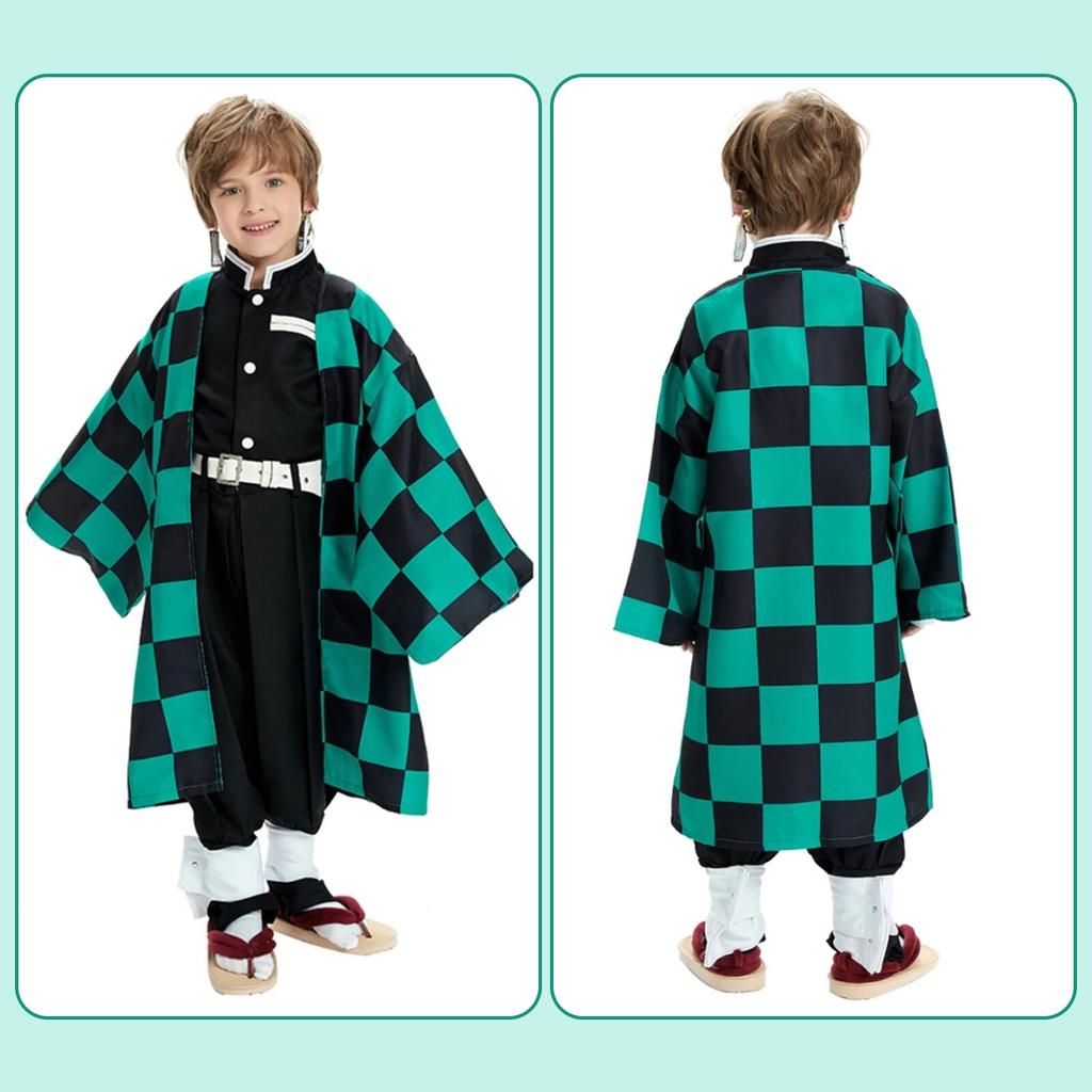 Custom Cosplay Demon Slayer Tanjiro Kamado Costume, Black Green, 10-12 Years, 140cm