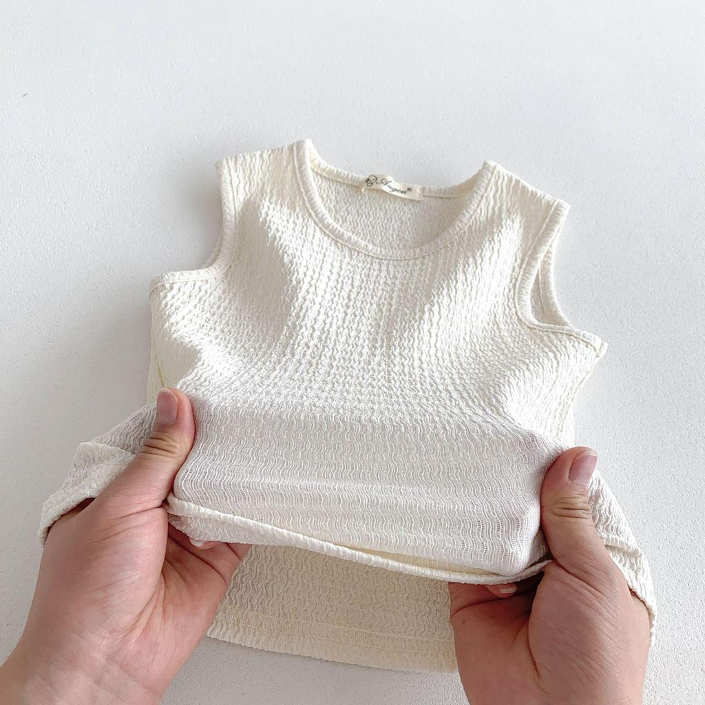 Kids 2024 Summer Korean-Style Soft Cotton Pleated Vest and Shorts Set for Boys and Girls