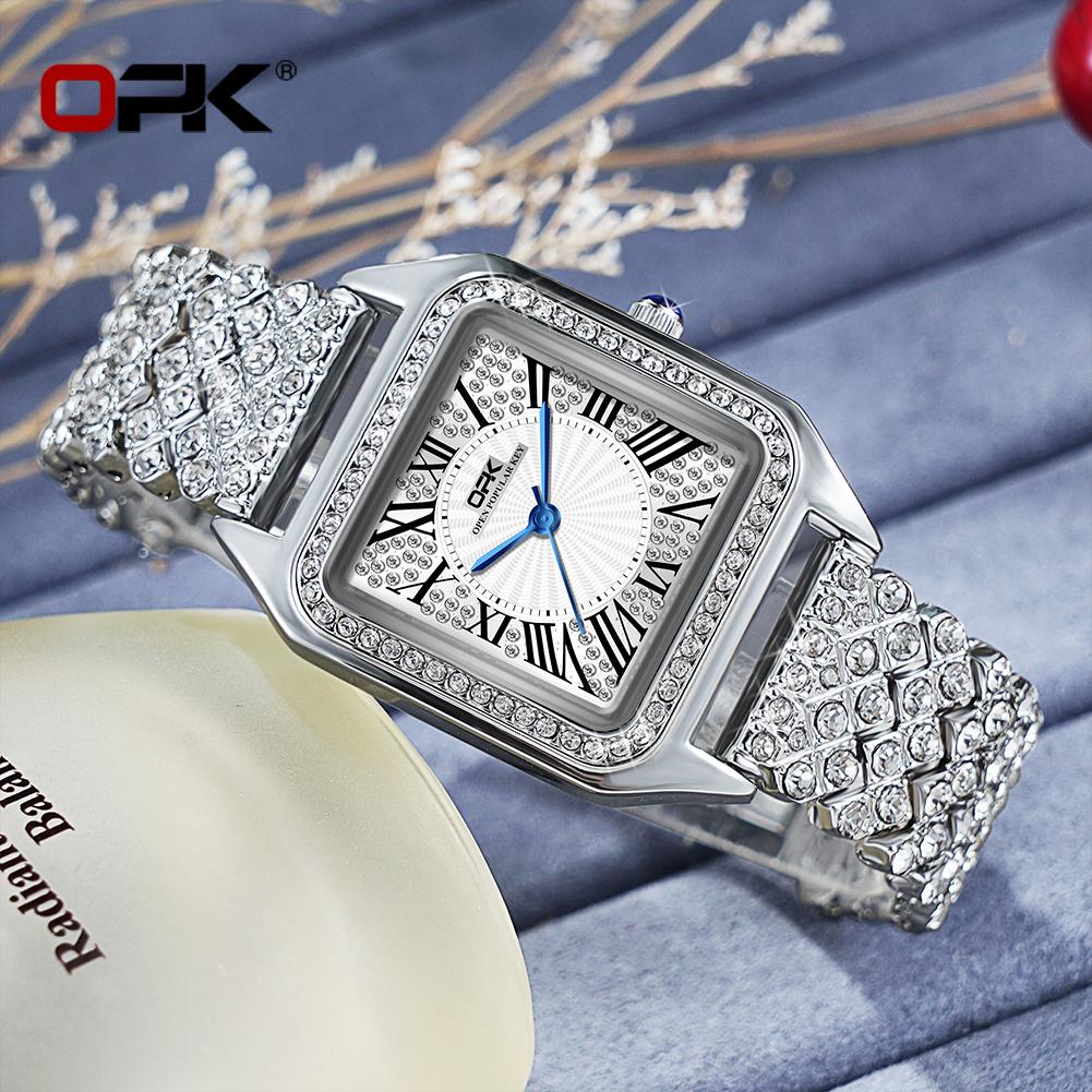 OPK Brand Full Diamond Waterproof Roman Scale Steel Belt Ladies Quartz Watch 8619