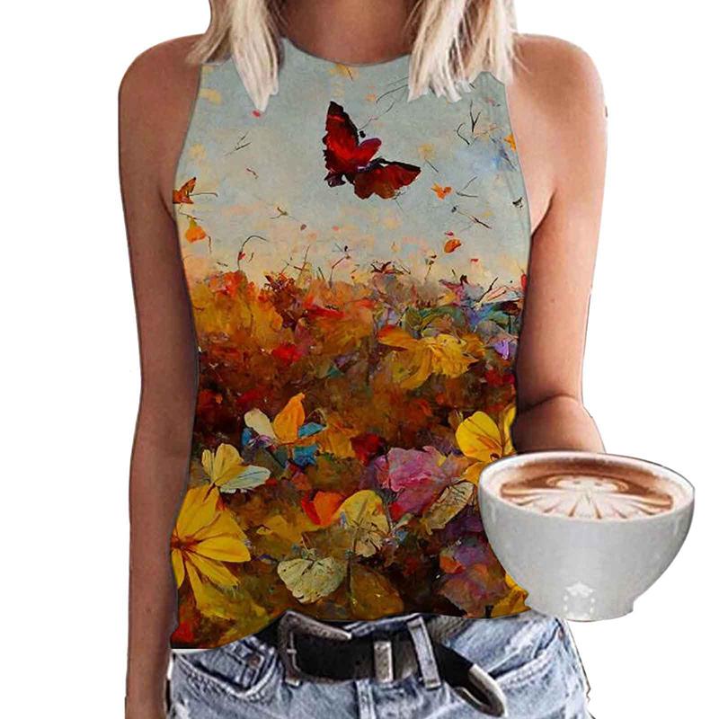 Women's Butterfly 3D Printed Sleeveless T-shirt, Y2K Top, Oversized Round Neck Vest, Off Shoulder, Girls' Sleeveless T-shirt, Summer