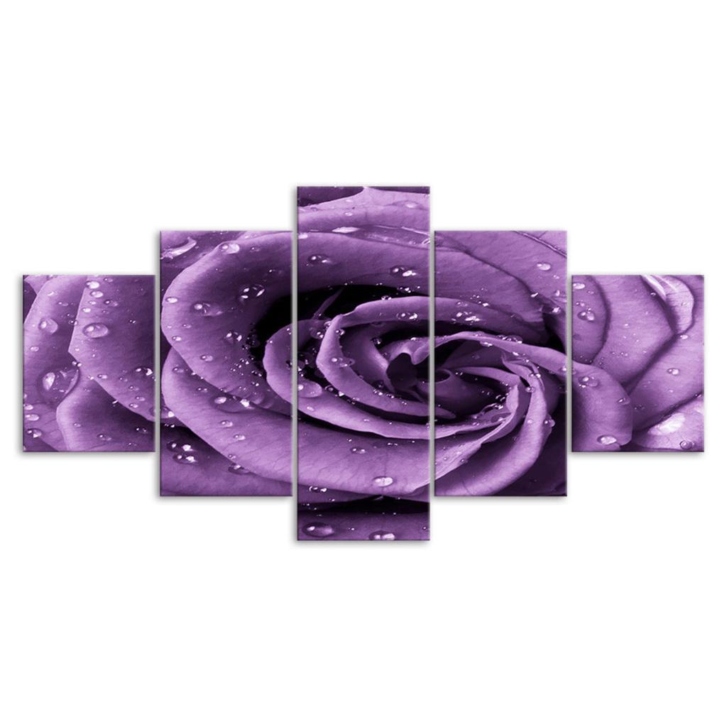 Purple Rose Flower Mist Drops 5 Piece Five Panel Wall Canvas Print Modern Art Poster Picture Home Decor Gift For Him For Her